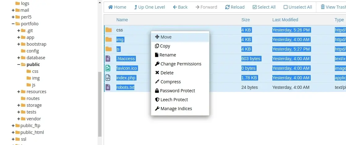 Ejemplo del menú para mover archvios dentro de cPanel