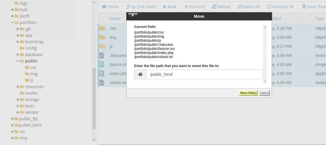 Ejemplo de la ventana de confirmación para mover archivos dentro de cPanel